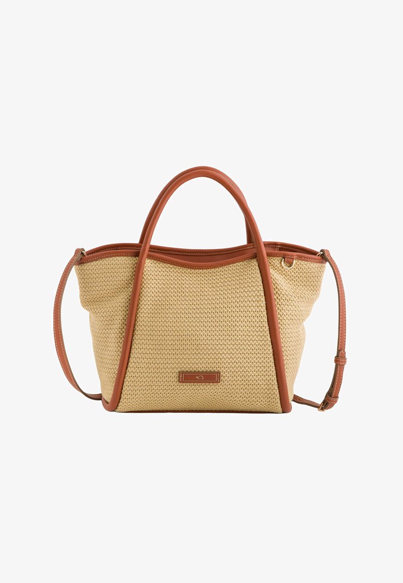 Beige woven handbag with brown leather accents, featuring dual handles, a detachable shoulder strap, and a zipper closure at the top.