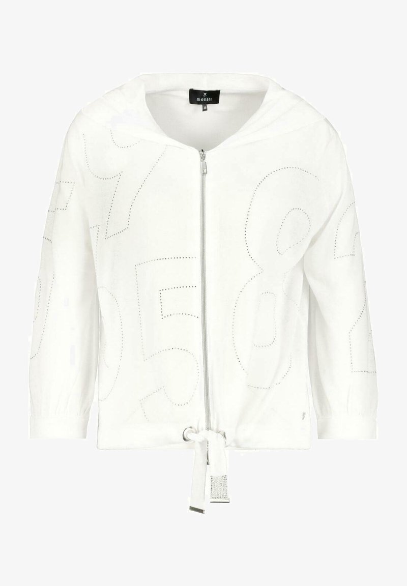 Sweat à capuche blanc zippé avec manches 3/4, ourlet à cordon de serrage, et motifs de grands chiffres perforés subtils sur le devant et les manches.