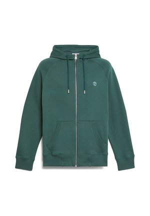 Sudadera verde con cremallera hecha de una suave mezcla de algodón. Presenta un bolsillo frontal tipo canguro, capucha con cordón y puños de canalé. Logo en el lado izquierdo del pecho.