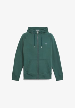 Groene zip-up hoodie gemaakt van een zachte katoenmix. Heeft een voorzak, een capuchon met trekkoord en ribgebreide manchetten. Logo op de linkerborst.