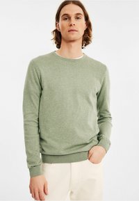 Groene trui met lange mouwen van zachte gebreide stof, met een ronde halslijn, geribde manchetten en een rechte zoom met een subtiele textuur.