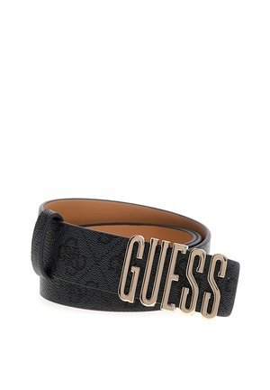 Cintura nera con texture e fodera color cammello, dotata di una vistosa fibbia con logo "GUESS" in tono oro. Progettata per un abbigliamento casual o formale.