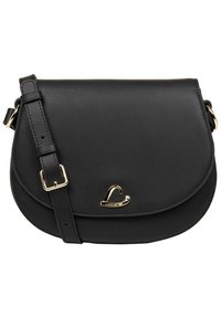 Borsa crossbody in pelle nera con pattina curvata, tracolla regolabile e accessori in tonalità oro con il logo del brand. Texture liscia.