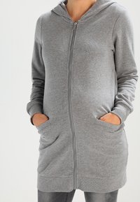 Felpa grigia con zip, dotata di cappuccio, due tasche frontali, maniche lunghe e una texture morbida, adatta per un look casual.