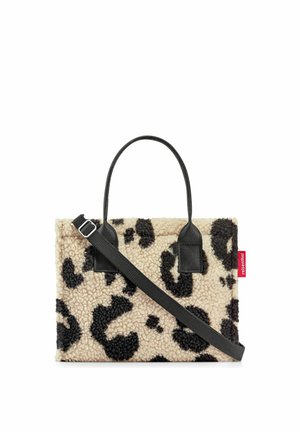 Rectangular beige and black leopard print tote bag with black handles and adjustable shoulder strap, featuring a small red brand tag.
