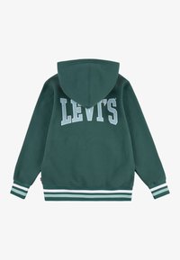 Felpa verde con tasca frontale a marsupio, logo "LEVI'S" bianco sul retro, e polsini e orlo a righe a coste. Realizzata in tessuto morbido.