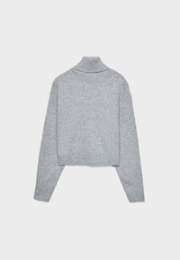 Grijze cropped turtleneck trui met lange mouwen. Gemaakt van zachte brei stof, met een geribbelde kraag, manchetten en zoom. Geen patronen of versieringen.