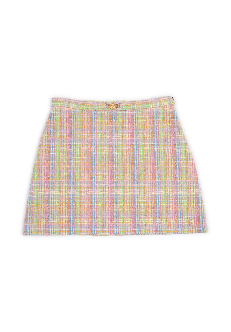 Mini gonna in tweed multicolore pastello con tessitura strutturata e chiusura decorativa in tono dorato in vita, disposta in piano su sfondo bianco.
