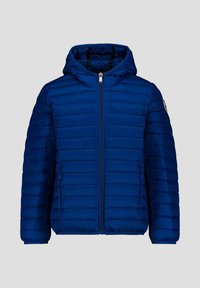 Blauwe donsjas met ritssluiting aan de voorkant, capuchon en verticale doorgestikte structuur. Voorzien van een logo op de bovenarm en zijzakken.