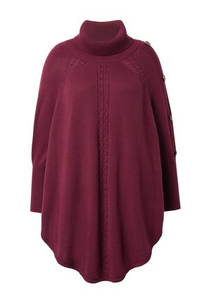 Pull en tricot bordeaux avec un col montant, des détails en tricot torsadé et des boutons sur les côtés. Doté d'une coupe ample et fluide ainsi que de poignets côtelés.
