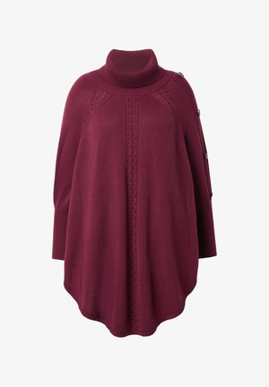 Burgunderfarbener Strickpullover mit hohem Kragen, Zopfmuster und seitlichen Knöpfen. Verfügt über eine weite, fließende Form und gerippte Bündchen.