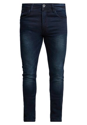 Slim-fit donkerblauwe spijkerbroek met een gladde textuur, vijf-pocket ontwerp en subtiele vervaging op de dijen, uitgerust met een ritssluiting en knoopsluiting.