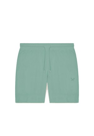 Shorts côtelés vert clair avec une ceinture élastique, un cordon de serrage, et un petit logo brodé d'ustensiles croisés sur la jambe droite.