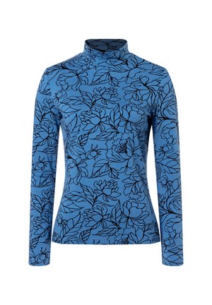 Langarm-Turtleneck-Oberteil aus blauer Stoff mit einem floralen Muster in Schwarz. Bietet eine figurbetonte Silhouette und eine weiche Textur.