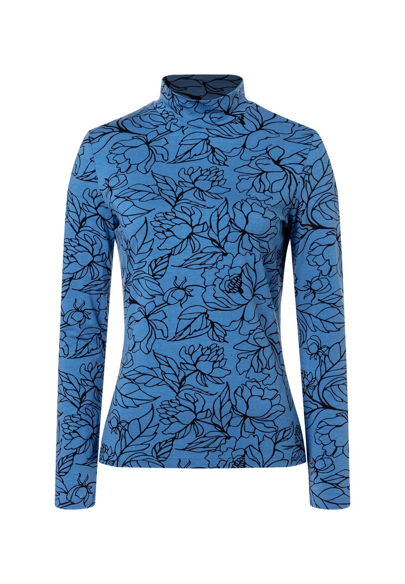 Haut à manches longues à col roulé en tissu bleu avec un motif floral noir. Présente une silhouette ajustée et une texture douce.