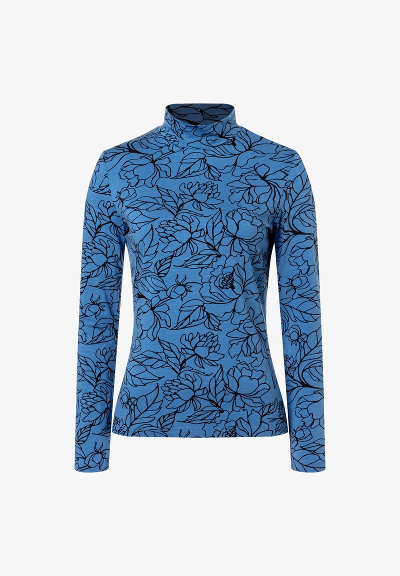 Haut à manches longues à col roulé en tissu bleu avec un motif floral noir. Présente une silhouette ajustée et une texture douce.
