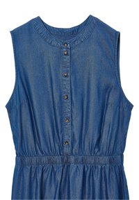 Denim mekko, jossa on pyöreä pääntie, hihaton muotoilu, edessä nappikiinnitys ja kerätty joustava vyötärö. Vaaleansininen väri ja sileä pinta.