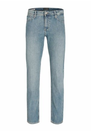 Helles blaugraues Gerade-Jeans-Modell mit Gürtelschlaufen, Vorderknopf, Reißverschluss und Fünf-Taschen-Design.