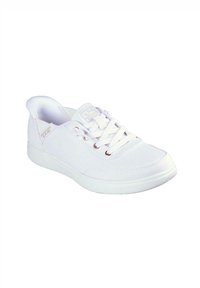 Sneaker in tela bianca con punta rotonda, chiusura con lacci, dettagli in oro rosa e suola con motivo texturizzato. Design leggero e a profilo basso.