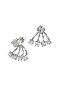 Boucles d'oreilles en argent avec plusieurs rhinestones transparents disposés dans un design courbé et en cascade. Les pierres varient en taille, créant un effet dégradé.