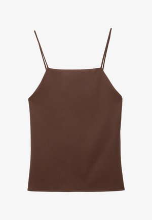 Ruskea hihaton toppi, jossa on ohuet olkaimet, valmistettu sileästä kankaasta. Muotoilu on suora, eikä siinä ole näkyviä kuvioita tai koristeita.