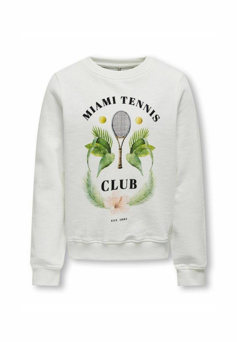 Bela majica s kapuco z grafiko "Miami Tennis Club" in teniškim loparjem, zelenimi listi in cvetom. Žepi z rebrastimi manšeti in robom.