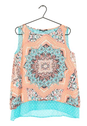Haut sans manches avec motif mandala géométrique et floral dans les tons pêche, turquoise et noir, suspendu sur un cintre noir sur fond blanc.