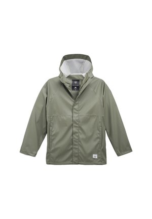Vodotesný olivovo zelený kabát s kapucňou, predným zapínaním na cvoky a dvoma prednými vreckami. Hladká textura, ľahký dizajn.