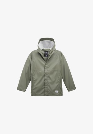 Wasserabweisende olivgrüne Jacke mit Kapuze, vorderem Druckverschluss und zwei Fronttaschen. Glatte Textur, leichtes Design.