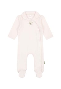 Un vêtement de bébé rose pâle en tissu doux, à manches longues, avec un design botté, des fermetures à pression et un motif de visage d'ours sur la poitrine.