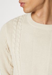 Maglione lavorato a maglia color beige chiaro con texture a coste, caratterizzato da un motivo a treccia sulle spalle. Collo a giro e forma aderente.