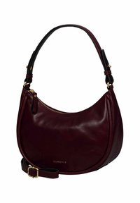 Borsa a mano rotonda in pelle bordeaux con zip dorata, tracolla regolabile e logo "BURKELY" sul fronte, su sfondo bianco.