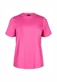 Rosa Baumwoll-T-Shirt mit Rundhalsausschnitt, kurzen Ärmeln und lockerer Passform. Glatte Textur, keine Muster oder Akzente.