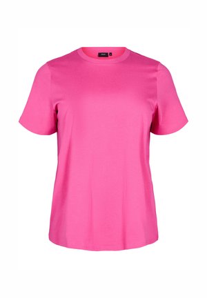 Maglietta di cotone rosa con scollatura a girocollo, maniche corte e vestibilità comoda. Texture liscia, senza motivi né dettagli.