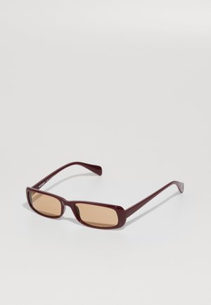 Burgundy rectangular sunglasses with brown tinted lenses. Features sleek, glossy plastic frame and slim, straight arms.