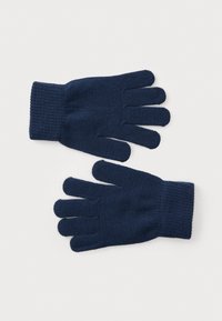 Marineblå strikkede hansker med fem-fingerdesign og ribbede mansjetter. Laget av mykt stoff, med en jevn tekstur og uten ytterligere mønstre.
