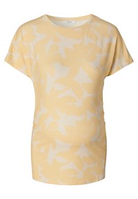 Beige t-shirt met korte mouwen, een losse pasvorm en een groot, abstract geel bloemenpatroon.