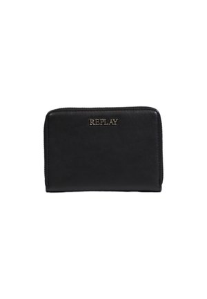 Portefeuille en cuir noir avec une texture lisse, doté d'une fermeture éclair et portant en évidence un logo doré « REPLAY ».}}}   боклиальний   {