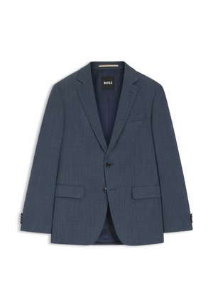 Blazer da uomo monopetto blu scuro con rever a incavo, due tasche frontali con patta e due bottoni neri, con marchio "BOSS" all'interno del colletto.