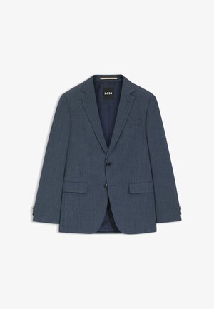Blazer homme bleu marine à simple boutonnage avec revers crantés, deux poches avant à rabat et deux boutons noirs, marqué "BOSS" à l'intérieur du col.
