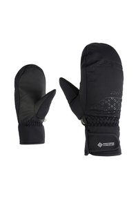 Black mittens featuring a textured outer layer, leather palm, and thermal insulation. Includes elastic cuffs and Windstopper branding.
