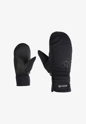 Schwarze Handschuhe mit einer strukturierten Außenschicht, Lederhandfläche und thermischer Isolierung. Enthält elastische Bündchen und Windstopper-Branding.