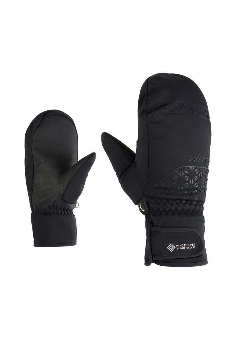 Black mittens featuring a textured outer layer, leather palm, and thermal insulation. Includes elastic cuffs and Windstopper branding.