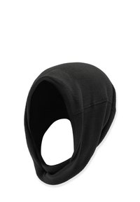 Black fleece neck gaiter with a smooth texture, seamless design, and rounded shape. Suitable for warmth and coverage in cold weather.