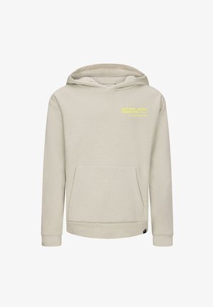 Jasno beżowa bluza z kapturem, wykonana z miękkiego materiału, z przednią kieszenią, kapturem na sznurku i żółtym nadrukowanym tekstem na klatce piersiowej.