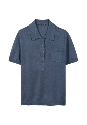 Blue short-sleeve knit polo shirt with wide collar, five buttons down front, and a chest pocket.