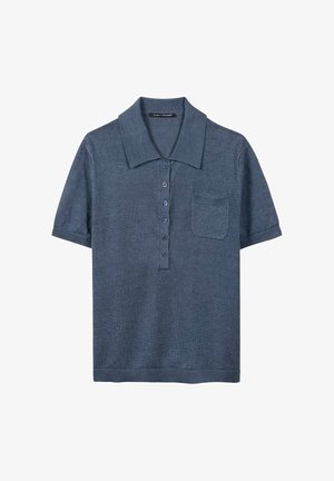 Blue short-sleeve knit polo shirt with wide collar, five buttons down front, and a chest pocket.