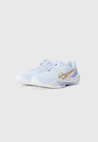 Light blue athletic shoes with a textured upper, featuring gold ASICS logo, purple accents, and white rubber outsole. Lace-up design.