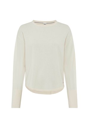 Licht crèmekleurig longsleeve shirt met een ronde halslijn, ruime pasvorm, ribbelstructuur bij de mouwen en zoom, met een klein logo-detail onderaan.