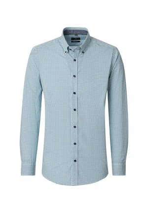 Hellblaues, langärmliges Hemd mit Knöpfen, mit kleinem dunklem geometrischem Muster und Button-Down-Kragen, frontseitig auf weißem Hintergrund gezeigt.